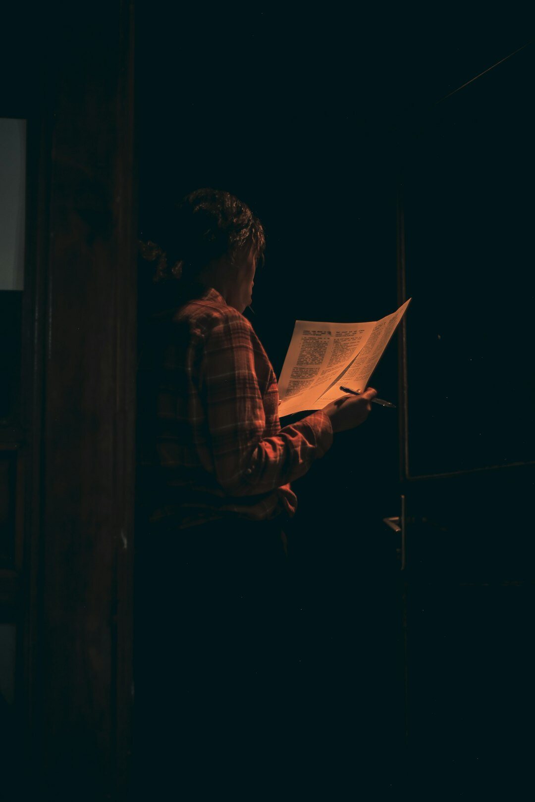person reading mystery book at night